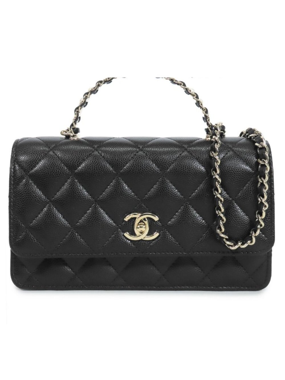 Chanel Chain Wallet Black Gold Caviar Leather Quilted Bijou Handle 2-Way